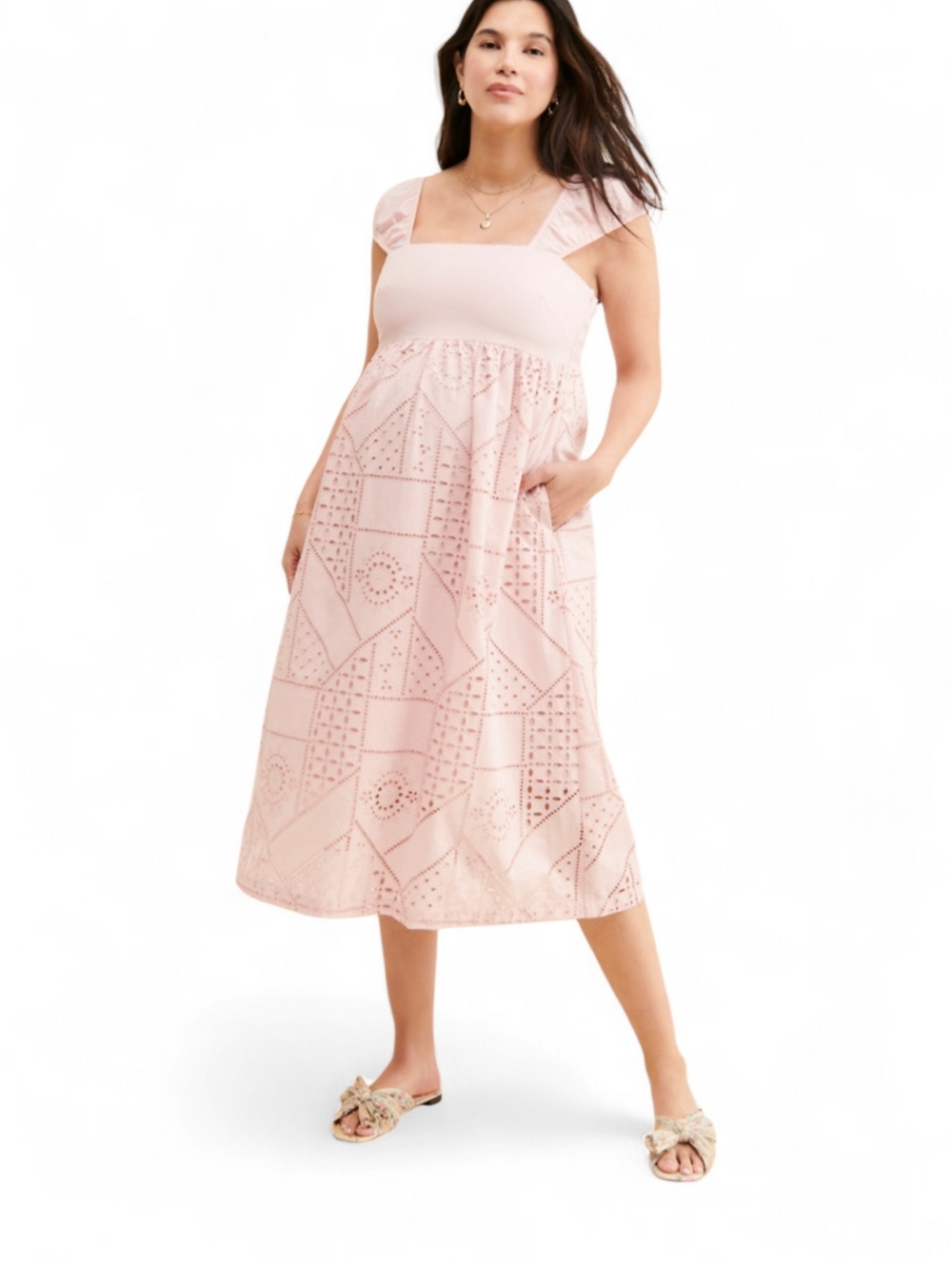 Hatch The Ivy Cotton Eyelet Midi Dress In Light Pink Maternity Size 1